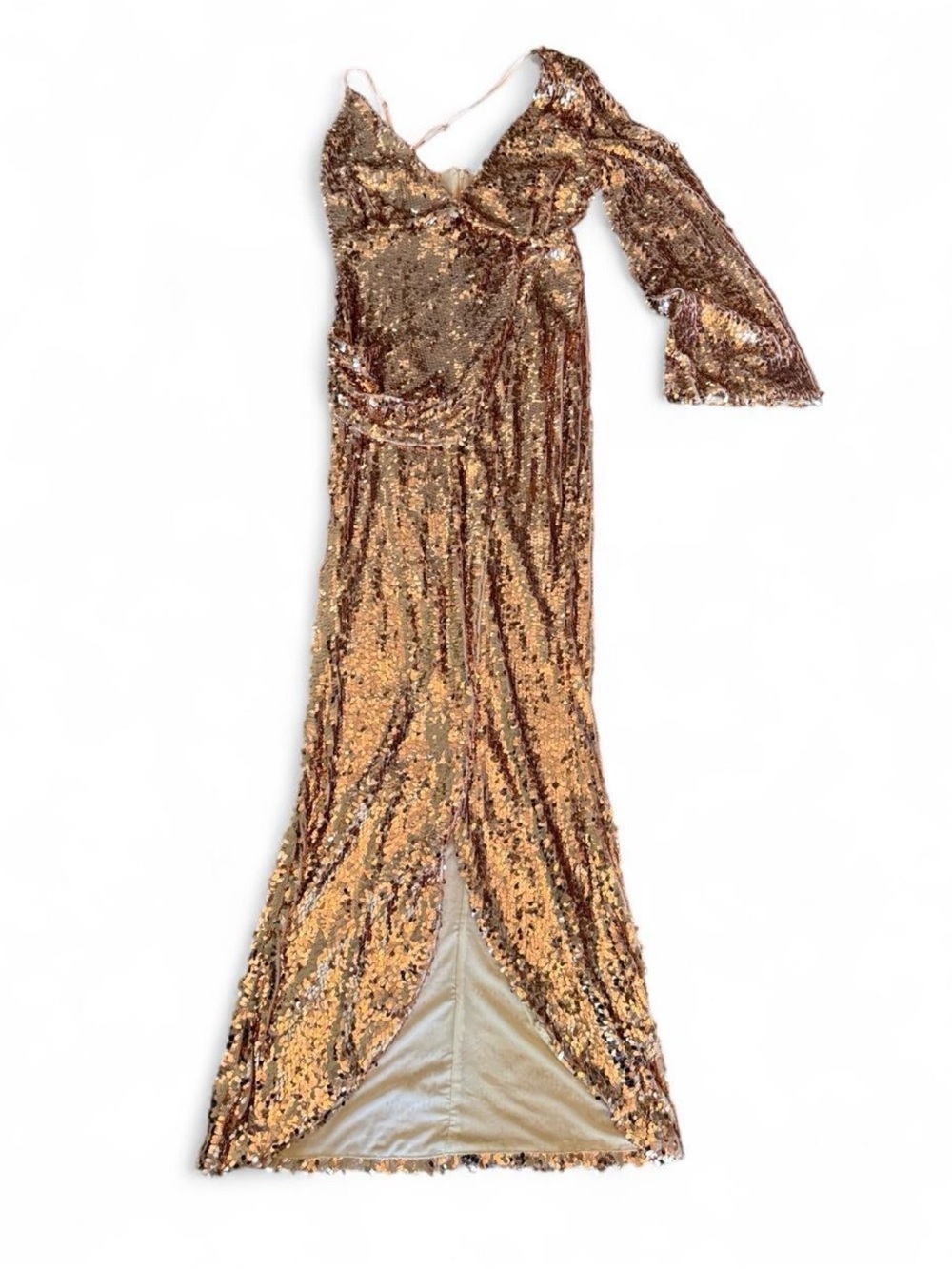 Fashion Nova Rose Gold Sequin One-Shoulder Gown
